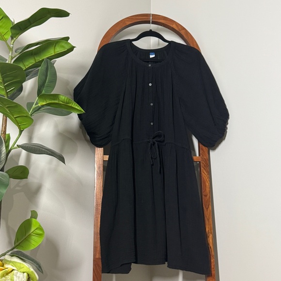 Old Navy Dresses & Skirts - Old Navy LARGE Black Waist Defined Puff Sleeve Cotton Gauze Dress